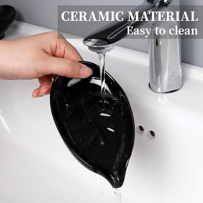 Soap Dish, Self Draining Soap Dishes 2PCS, Leaf Shape Ceramic Bar Soap Holder Drain Soap Dishes for Bathroom Sink Kitchen, Easy to Clean Keeps Soap Dry, Black, ANTIS'S HOME