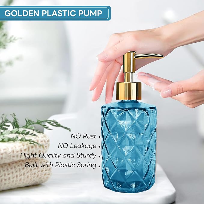 Blue Glass Soap Dispenser, Bathroom Shower & Shampoo Dispenser, Foam Hand Soap Dispenser with Gold Pump,11Oz/330ml Refillable Kitchen Dish Soap Bottle for Home Hotel