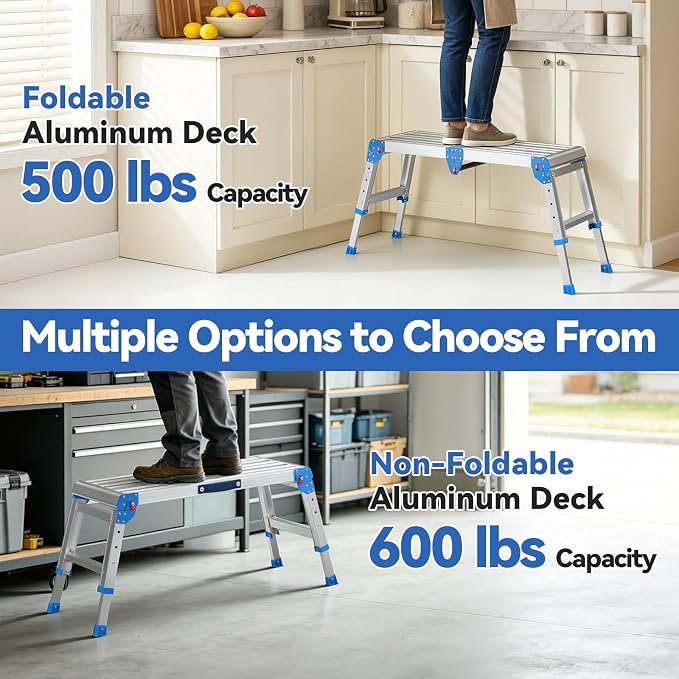 Work Platform 500 lbs with One-Touch Automatic Fold, Larger, Blue | Folding Step Stool, 4 Height Adjustment Platform Step, Perfect for RV Cleaning, Home Painting and Reaching High Places
