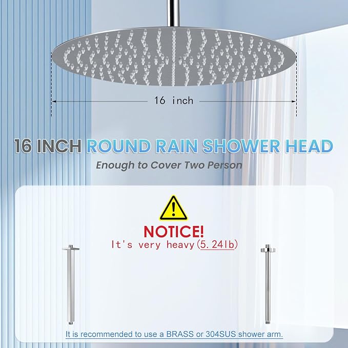 16 Inch Round Rainfall Shower Head Chrome - All Metal Stainless Steel 304, Full Body Rainfall Shower with 230 Silicone Nozzles