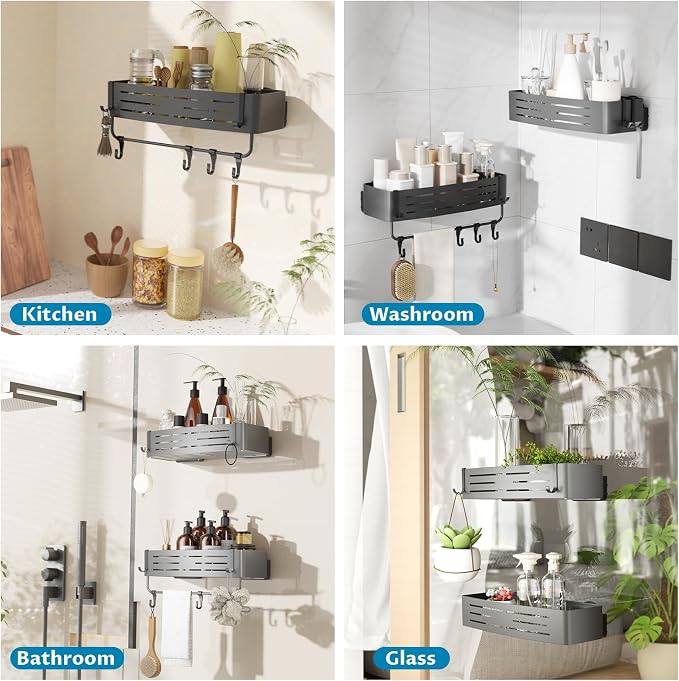 Onemake Shower Caddy Suction Cup, 2 Pack Shower Shelf with Hooks for Bath | No-drilling Rustproof Aluminum Removable Caddy with Towel Bar, Waterproof Shower Organizer, Corner Shampoo Holder, Gray