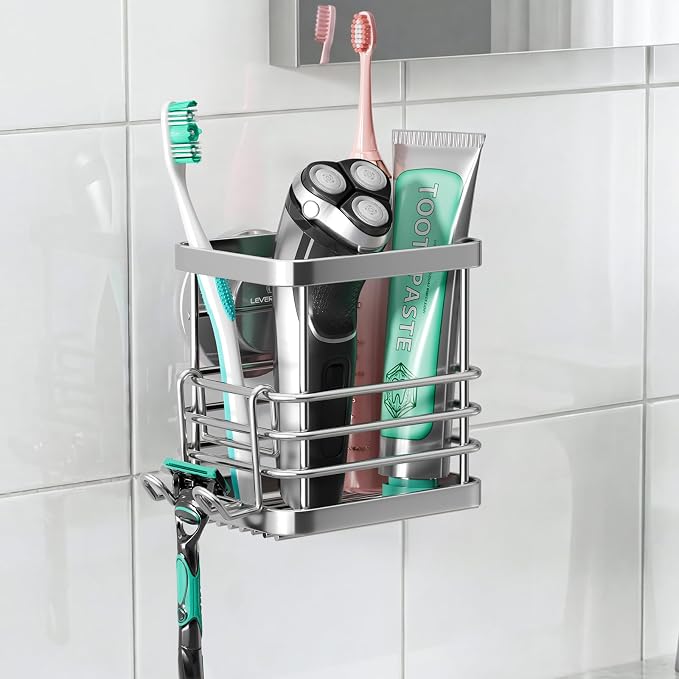 Powerful Suction Cup Stainless Steel Toothbrush Holders, Silver | Removable Shower Tooth brush and Toothpaste Holder, Strong Suction Up to 11lbs, Anti-Puddling ,No Drill Bathroom Organizer