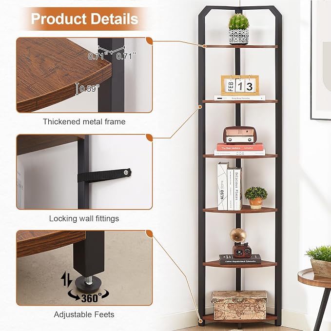 MNEETRUNG 6 Tier Corner Shelf,71" Narrow Corner Bookshelf for Living Room,Bedroom,Brown