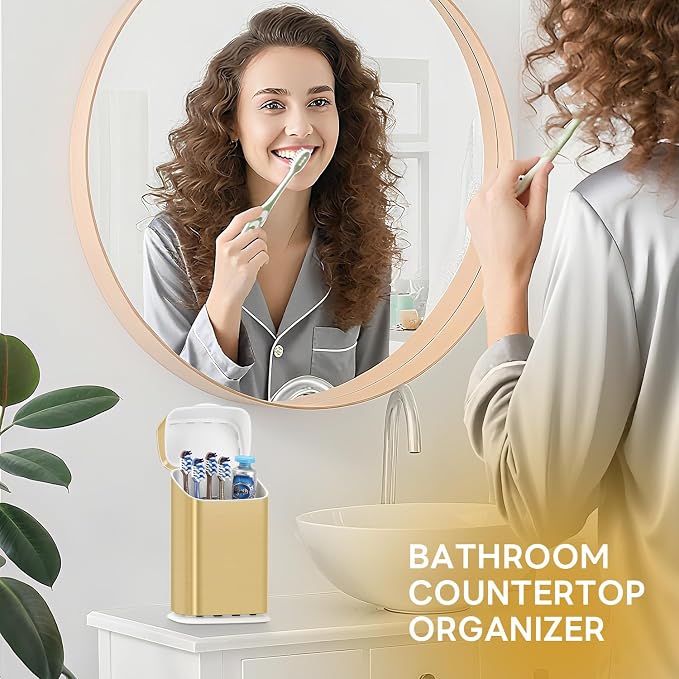 GFWARE Gold Bathroom Toothbrush Holder with Cover, Ventilated & Drainage | Detachable 5 Slots Bathroom Organizer for Toothbrush and Toothpaste, Waterproof & Dustproof, Fits Toothbrushes Under 7.5 In