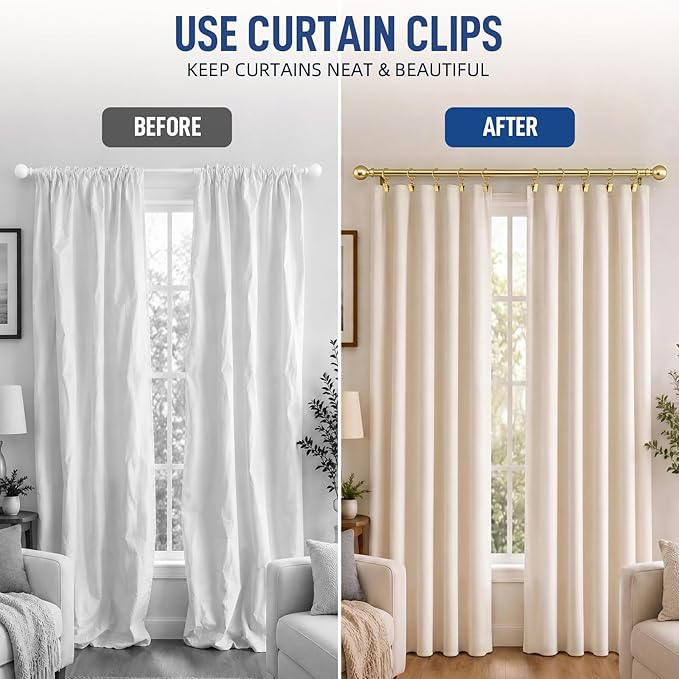 Lansian 44 Pack Curtain Rings with Clips Hooks 1 in Diameter Rustproof | Metal Stainless Steel Drapery Rings for Tension Rod Bracket Eyelets Decorative Hanger, Fits 3/4 in Rods, Gold