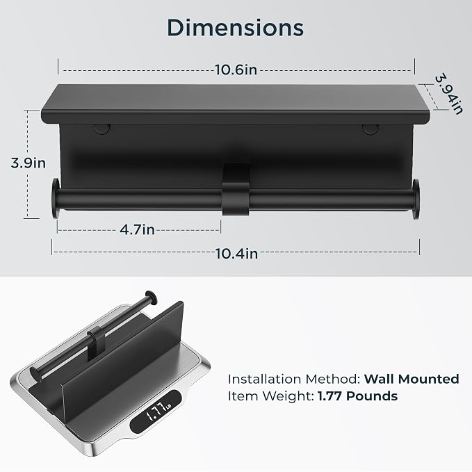 FORIOUS Toilet Paper Holder with Shelf, Commercial Toilet Paper Dispensers | Matte Black 2 Pack | Wall Mount Bathroom Tissue Holder | SUS304 Stainless Steel Rustproof | Double Tissue Roll Holder