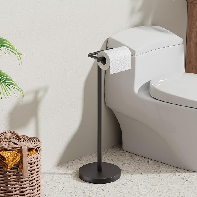 Matte Black Freestanding Toilet Paper Holder Stand Free Standing | SUS 304 Stainless Steel Tissue Rack with Pivoting Arm & Weighted Base for Bathroom