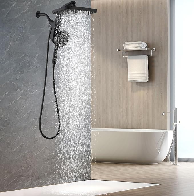 12" High Pressue Rain Shower Head with Handheld, 9 Sprays Hand Showerhead | Shower Heads with Handheld Spray Combo, Dual Head, Built-in Magnetic Docking, Power Jets, 59" Shower Hose, Black 1.8GPM