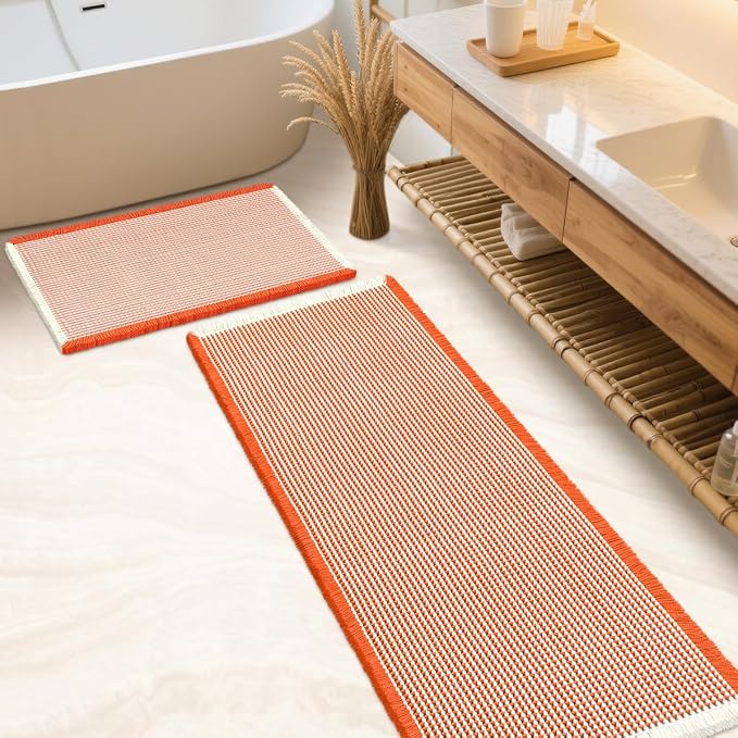Waffle Bath Mat Set 2 Piece Orange & Cream,Woven Modern Bath Rug Mats, Absorbent Non Slip Bath Floor Mat, Soft Washable Boho Bath Rugs with Tassels for Bathroom, Bedroom, Kitchen,Tub