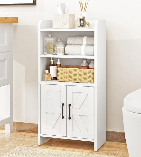 Small Bathroom Storage Cabinet, Farmhouse Freestanding Toilet Paper Storage with 2 Doors and Shelves, Slim Bathroom Storage Cabinet for Small Spaces, White, 7.9" D x 14.2" W x 29.5" H