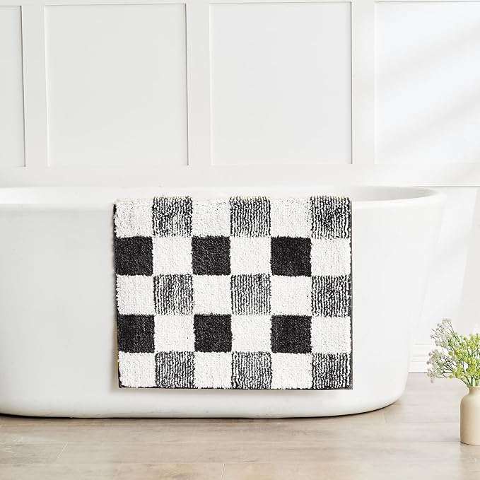 CozeCube Jet Black Checkered Bath Runner 59"x24" Non Slip Washable Rug | For Bathroom Non Slip, Fluffy Absorbent Microfiber Bath Mats Machine Wash, Stylish Long Aesthetic Bathroom Rugs