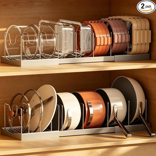 Magheo 2 Pack Pots and Pans Organizer Under Cabinet, Expandable 12.6"-22.8" Kitchen Cabinet Organizer Holder with 10 Adjustable Dividers for Food Storage Container Lid, Cookie Sheet, Cookware(Gray)