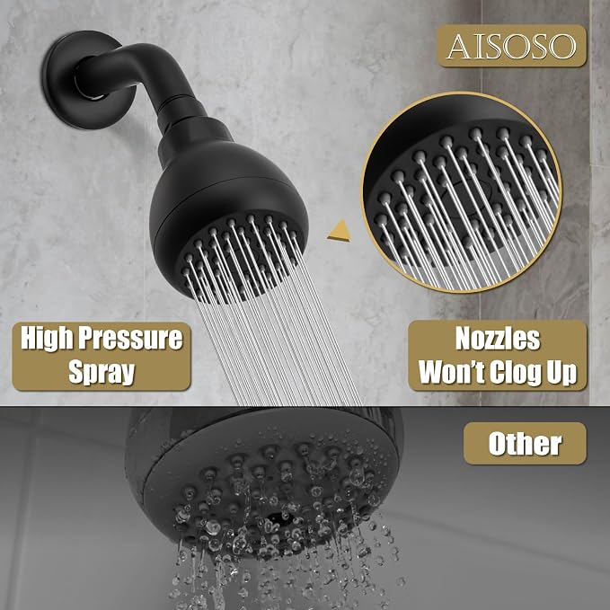 AISOSO High Pressure Shower Heads, Showerheads 3 Inches with 360 Rotation and Silicone Nozzles for Strong Spray Relaxing and Comfortable Shower, Matte Black