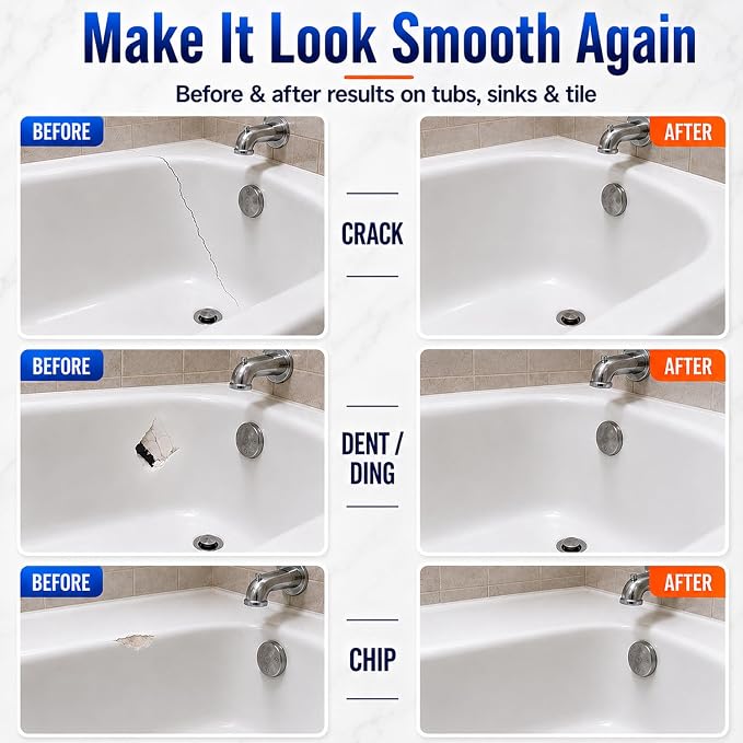 Tub Repair Kit White, Bathtub Repair Kit for Enamel, Fiberglass, Acrylic | For Chips, Cracks, Scratches, Holes & Rust on Porcelain, Patch & Repairs Cast Iron Tubs, Toilet, Sink, Shower Pan in Bathroom