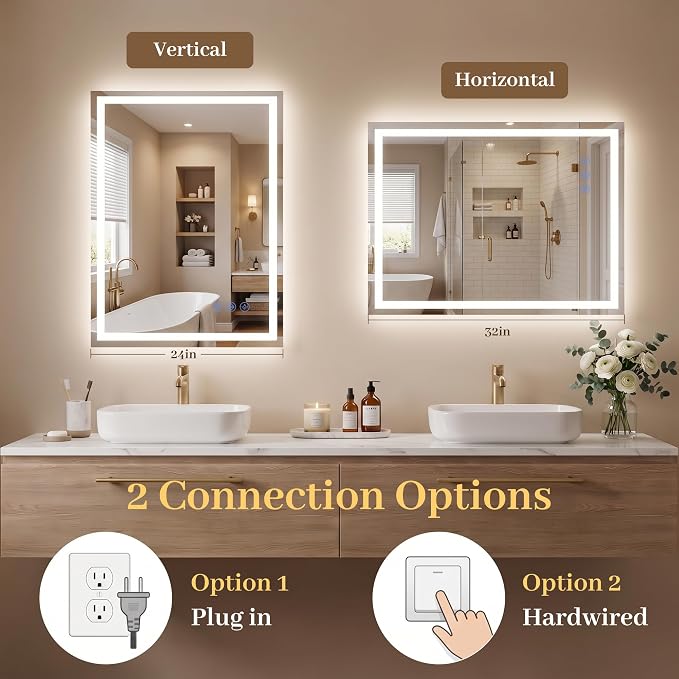 LED Bathroom Mirror with Lights 24"x32", Wall-Mounted Vanity Mirrors Front & Backlit Light Control Stepless Dimmable Anti-Fog Memory 3 Color Temperatures Shatter-Proof Tempered Glass