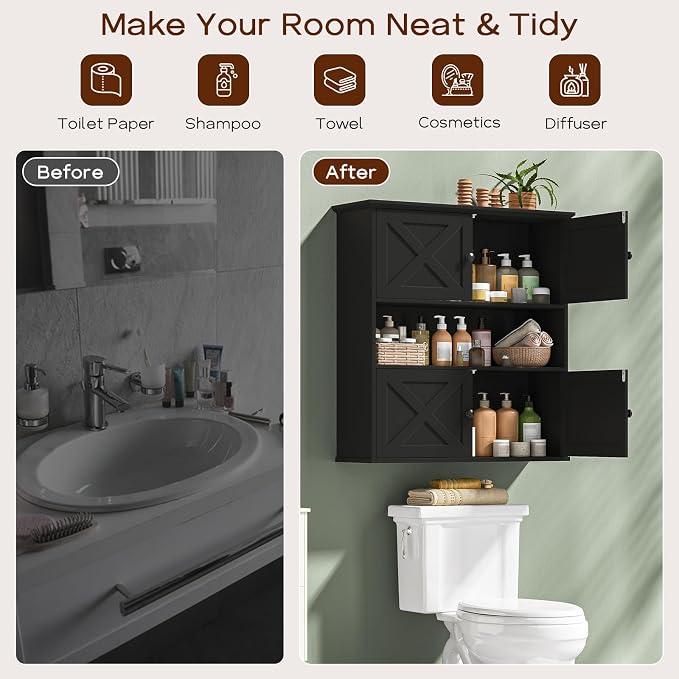 Vabches Bathroom Wall Cabinet, Farmhouse Medicine Cabinet with 4 Barn Doors, Large Wooden Vintage Storage Cabinet Wall Mounted for Bathroom, Kitchen, Black