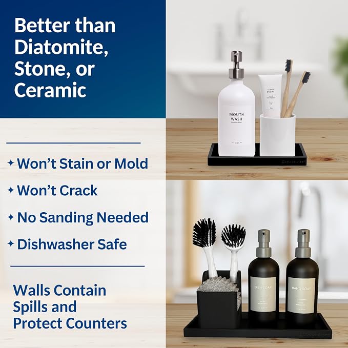 Countertop & Vanity Silicone Tray – 2 PC (11.7" & 7.7") Set | Bathroom Tray & Kitchen Soap Tray Set, Bathroom Counter Tray, Kitchen Sink Dish Soap Tray for Countertop Organization