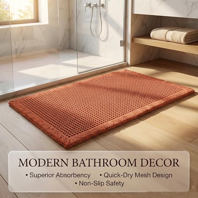Waffle Bath Mat Burnt Orange 32"x20", Boho Woven Modern Bath Mat Rugs, Absorbent Non Slip Bathroom Rugs, Soft Washable Bath Rugs with Tassels for Bedroom, Kitchen, Shower, Tub