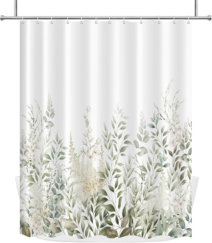 Tititex Retro Sage Green Leaves Shower Curtain, Light White Floral Plant Bathroom Decoration Shower Curtain Sets 71x71 Inch with Hooks