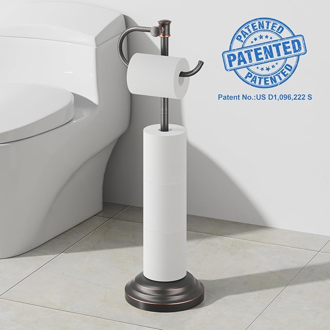 RUMOSE Toilet Paper Holder Stand for Floor Free Standing, Bronze | Bathroom Freestanding Toilet Tissue Roll Holder with Storage, Adjustable 17-25 Inch, Rustproof, SUS304 Stainless Steel