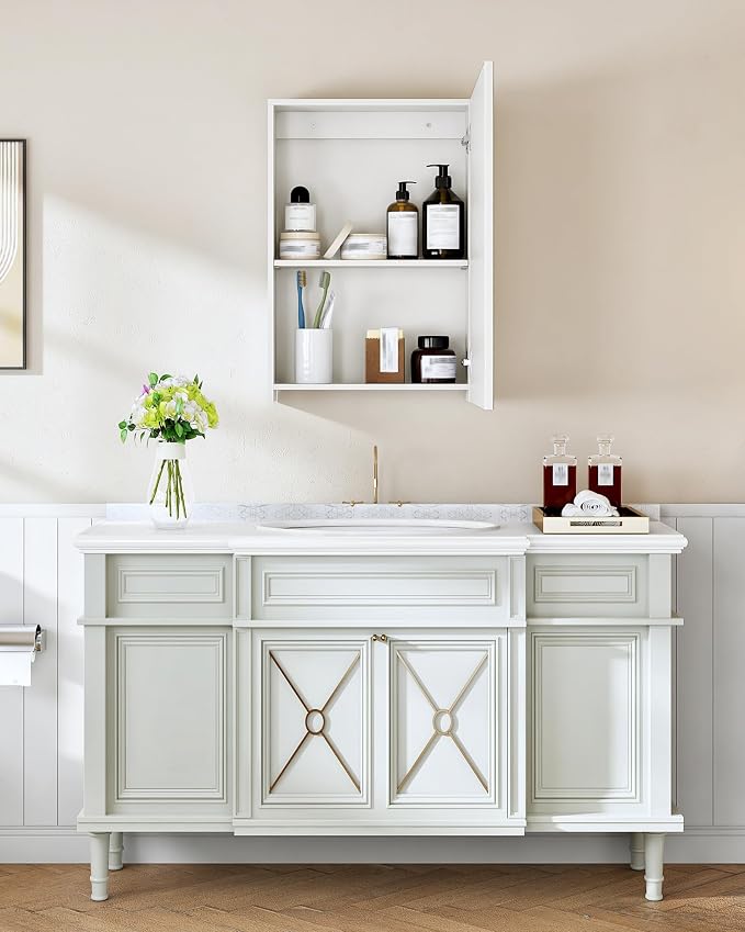 Bathroom Medicine Mirror Cabinet, 13.8'' x 19.7'', Wall-Mounted Bathroom Vanity with Mirror, Bathroom Medicine Cabinet with Storage Function, Hanging Storage Cabinet, Adjustable Shelves, White