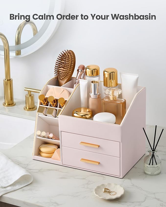 Lolalet Makeup Organizer Countertop with Drawers, Easy to Clean PU Leather Storage Box, 3-Layer Cosmetic Holder for Skincare, Lipstick, Perfume & Brush, Display Case for Vanity Dresser Bathroom - Pink