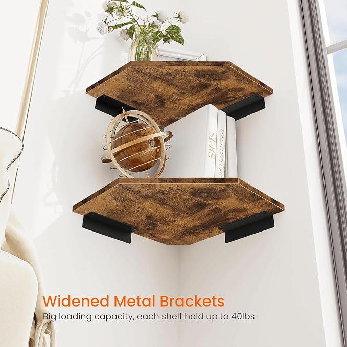 Corner Shelf Wall Mount, Set of 2 Floating Corner Shelf Organizer for TV Accessories, Speaker, Cable Box, Game Console, Storage for Bathroom Kitchen Living Room Bedroom, Rustic Brown