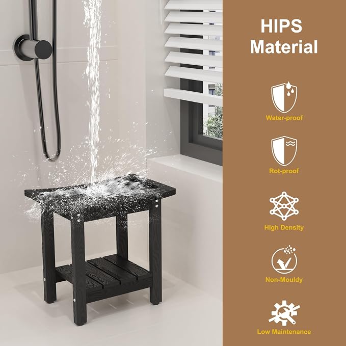 HIPS Shower Benches for Inside Shower, Shower Stool with Space-Efficient Storage Shelf, Waterproof Shower Chair Seat for Spa Bathroom(Black)