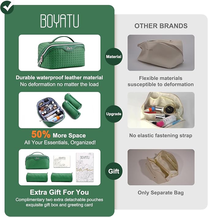 BOYATU Travel Makeup Bag Cosmetic Bags for Women: 3 Pcs Set Make up Bag | Large Capacity Waterproof Vegan Leather Organizer Bags with Compartments - Lay flat Toiletry with Handle (L38 Green)
