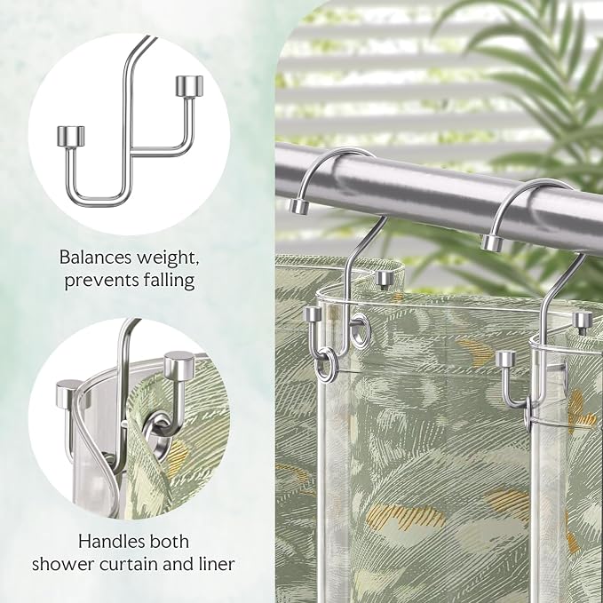 Bathway 12-Pack Double Shower Curtain Hooks, Rust-Resistant Metal Shower Curtain Rings with High-Low Design to Separate Liner & Curtain, Smooth Glide, Chrome