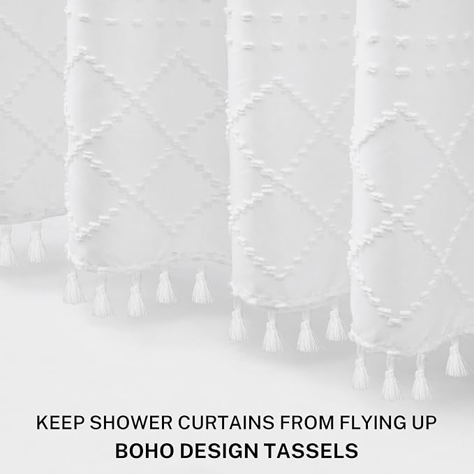 White Boho Shower Curtain Fabric Shower Curtains with Tassel 72 x 72 Modern Textured Shower Curtain Farmhouse Minimalist, Tufted Chevron Striped Shabby Chic, Water Resistant Cloth Curtain for Bathroom