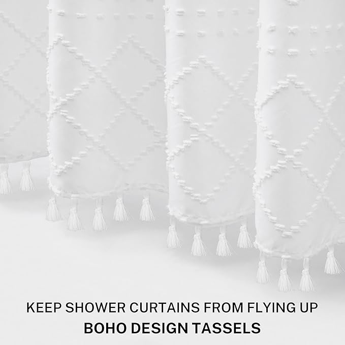 Stall Boho White Woven Fabric Shower Curtain with Tassels 54 x 72 Modern Farmhouse Minimalist Tufted Chevron Striped Shabby Chic Textured, Water Resistant Curtain for Bathroom, Hotel Decor