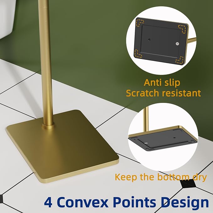 RUACQ Bathroom Toilet Paper Holder Stand, Brushed Gold | Dual-Post Pivoting Free Standing Toilet Roll Holder with Weighted Base, Anti-drop Design 304 Stainless Steel Tissue Stand