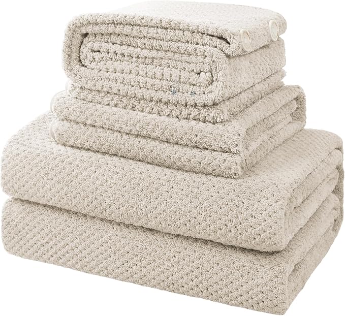 MaopaoBeauty 35X70 Inches Extra Large Bath Towels Sets of 4 for Bathroom Super Soft Quick Dry Bath Towels Hand Towels Washcloth Towels Microfiber Shower Towels for Women Daily Use (Khaki, 4 Piece)