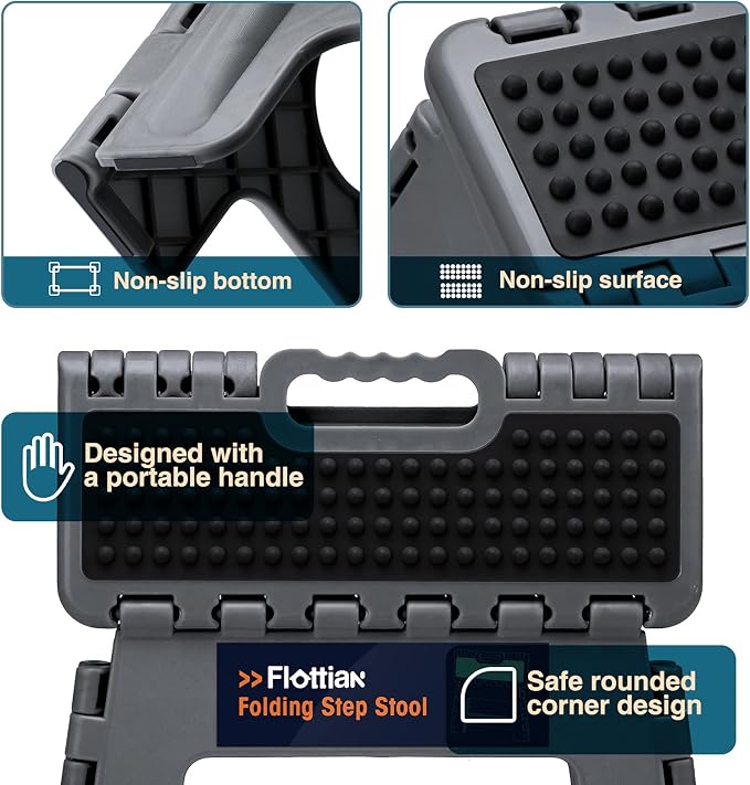 Flottian 9" Folding Step Stool for Adults and Kids Holds Up to 300 lbs,Non-Slip Folding Stools with Portable Handle, Compact Plastic Foldable Step Stool for Bathroom,Bedroom, Kitchen Gray