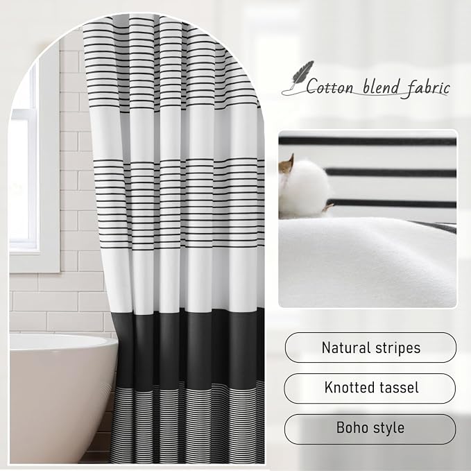 Black Boho Cotton Striped Shower Curtain with Tassel 72" W X 72" L | Boho Farmhouse Shower Curtains for Bathroom with Soft Cotton Feel