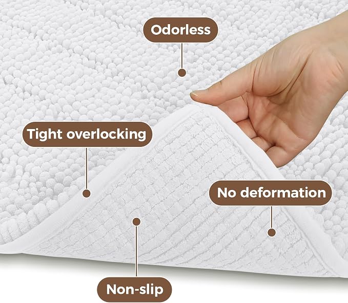 Bcoimo Bath Rug Mat,White Chenille High Absorbent Long Bathroom Runner Rugs | Non Slip with Rubber Backing Bathroom Floor Mat;High Absorbent And Quick Drying 48x30 Microfiber mats; Machine Washable Mats