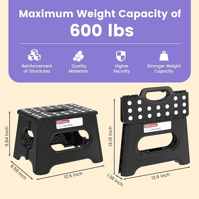 HBTower Folding Step Stool 9 Inch, 600 LBS Capacity with Safety Lock, Black | Compact Step Stool Foldable for Kids & Adults, Portable Carry Handle, Collapsible Foot Stool, Kitchen, Bathroom & Outdoor