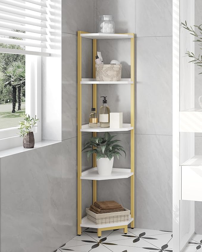 Hzuaneri Corner Shelf Stand 5-Tier Corner Bookshelf Storage Standing Shelf | Bookcase Plant Stand with Metal Frame for Living Room, Home Office, Bedroom, Black CS05903A