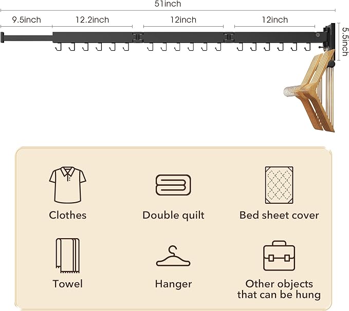ZdwCyl Wall Mounted Clothes Hanger,Clothes Drying Rack,Laundry Drying Rack,Drying Rack Clothing,Laundry Hanger Rack,Retractable Dryer Racks,Collapsible, Aluminum,can be Fold Upward & Left & Right