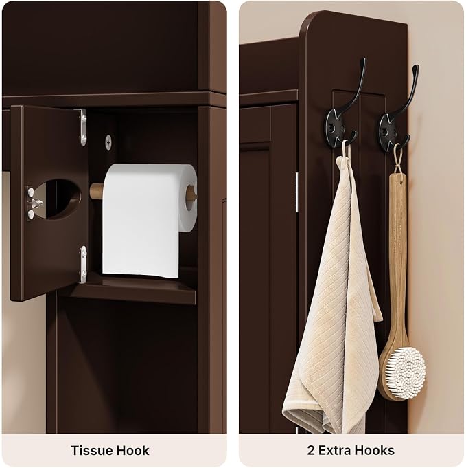 Over The Toilet Storage Cabinet, 32.3" W, Grey | Over Toilet Bathroom Organizer with Doors, Adjustable Shelves, Toilet Paper Holder, 2 Side Hooks, for Bathroom, Laundry