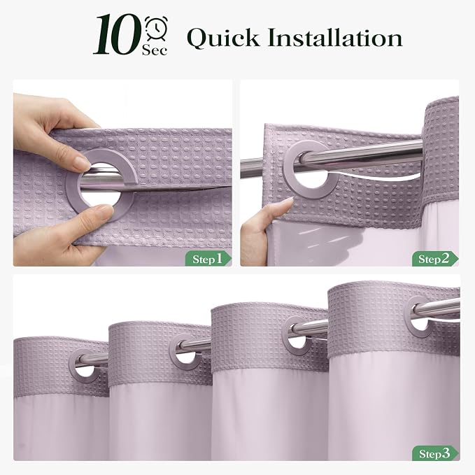Lavender Hook Free Waffle Shower Curtain & Snap Fabric Liner,72x87 | Less Time to install, 3 in 1 Fabric Shower Curtain and Liner Set with Magnets, Extra Long, Shower Curtains for Bathroom