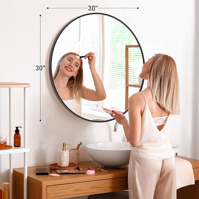 NEWBULIG 30 Inch Round Bathroom Mirror, Wall Mount Mirror | Circle Vanity Mirror for Over Sink, Matte Metal Frame, Entryway Decor, Bedroom Decor, Black