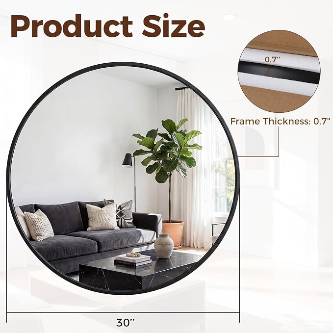 Sweetcrispy 30 Inch Round Wall Mirror, Bathroom Mirrors for Over Sink | Matte Metal Framed, Wall Decor for Bedroom, Entryway, Anti-Rust, Tempered Glass, Hanging or Leaning, Black