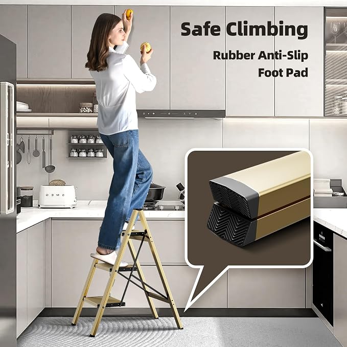 HillhutApex Aluminum Step Stool Foldable,3 Step Ladder (Gold) | Lightweight Portable step ladder with Anti-Slip Wide Pedal,330lbs Capacity Ladder for Household,Office,Kitchen
