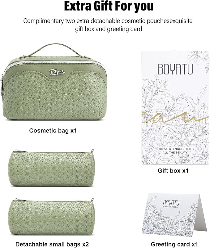 BOYATU Travel Makeup Bag Cosmetic Bags for Women: 3 Pcs Set Make up Bag | Large Capacity Waterproof Vegan Leather Organizer Bags with Compartments - Lay flat Toiletry with Handle (L51Grass Green)