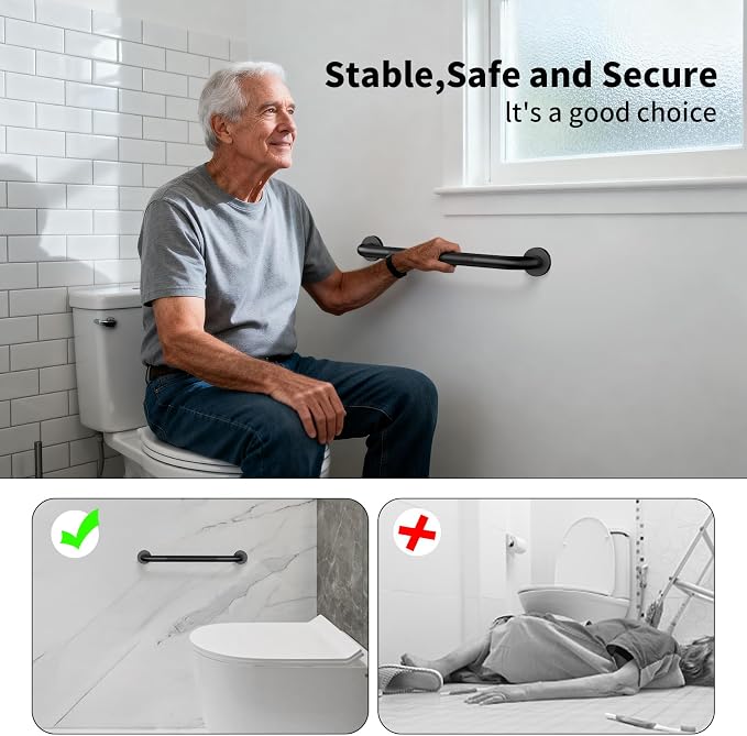 ZUEXT 16 Inch Black Knurled Anti Slip Stainless Steel Shower Grab Bar | Bathroom Balance Support Rail, Assist Handle for Handicap Injury Elderly Seniors, Wall Mount Rustproof Bath Safety Handrail
