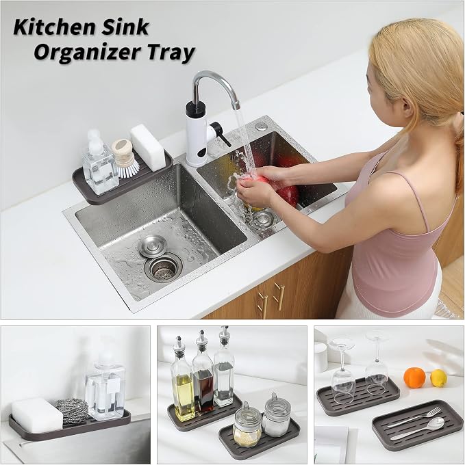 MicoYang Silicone Kitchen Sink Organizer Tray for Multiple Usage,Eco-Friendly Sponges Holder for Kitchen Bathroom Counter or Sink,Dish Soap Dispenser,Scrubber,Bottle,Cup (Coffee, 10"×5.3")