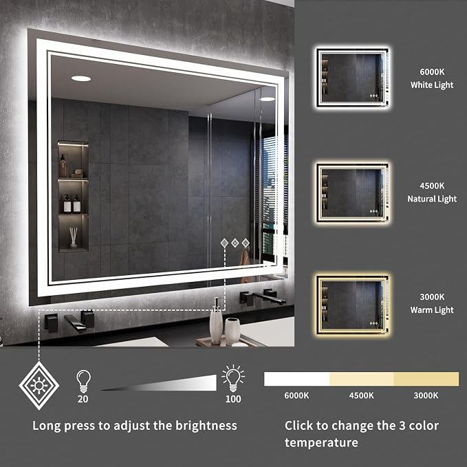 LED Mirror, 44x36 Inch Gradient Front and Backlit Lighted Mirror, 3 Colors Dimmable CRI>90 Double Lights, IP54 Enhanced Anti-Fog, Hanging Plates Bathroom Mirror with Lights