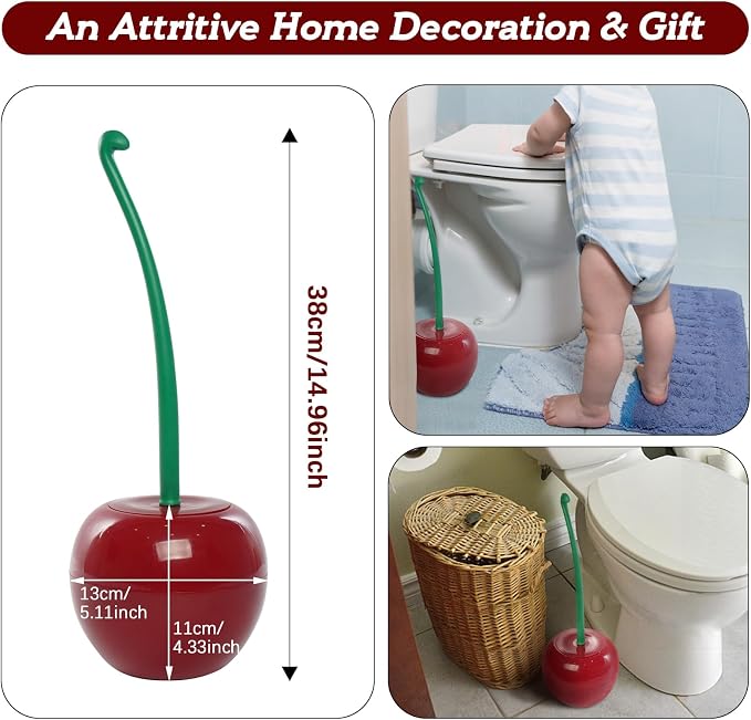 Cherry Toilet Brush with Holder Bowl&Long Handle, Bathroom Cleaning | Red Cherry Shape/ Household Bathroom Cleaner with Base/ Easy to Store/ Thick Bristles/ Deep Clean/ Rust-Resistant & Leakproof